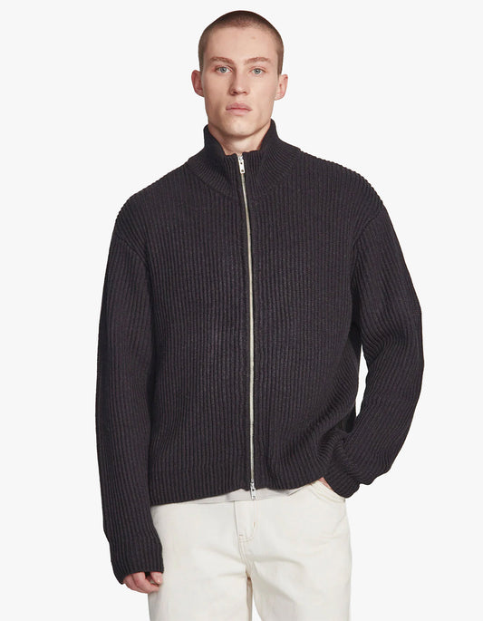 Mens Chunky Knit Zip Through - Charcoal