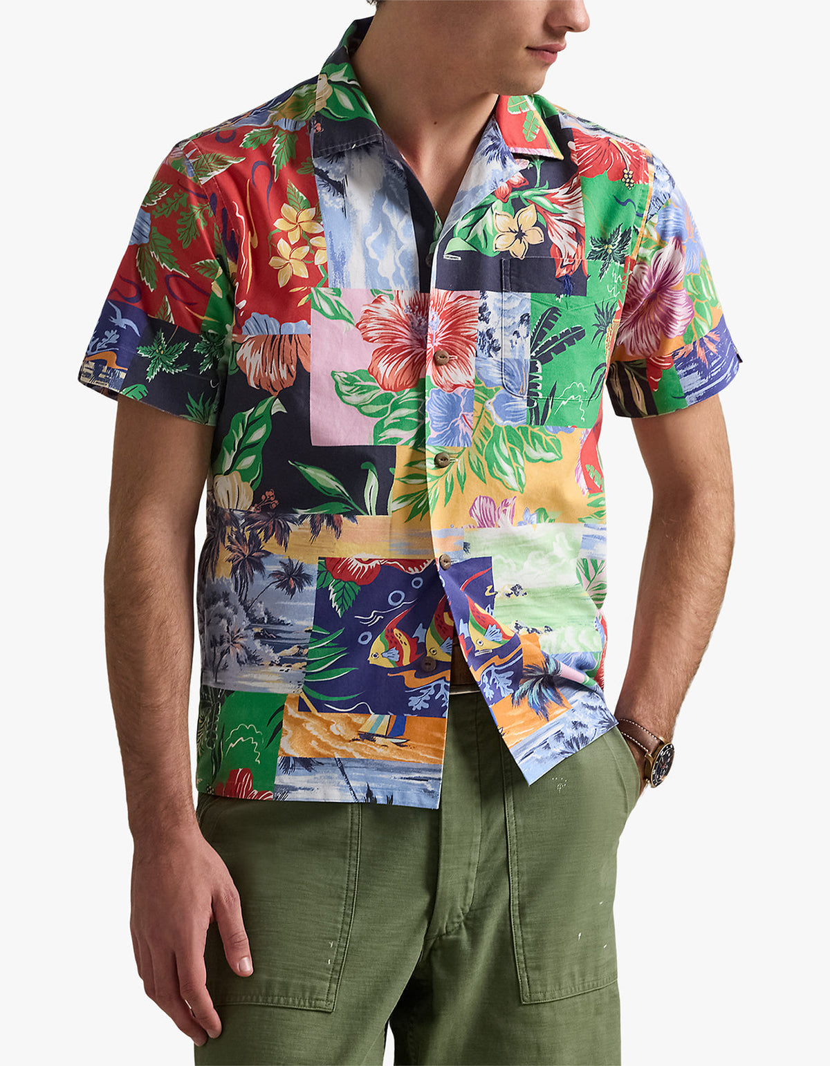 Classic Fit Patchwork Print Oxford Shirt- 6713 Beach Bazaar Patchwork